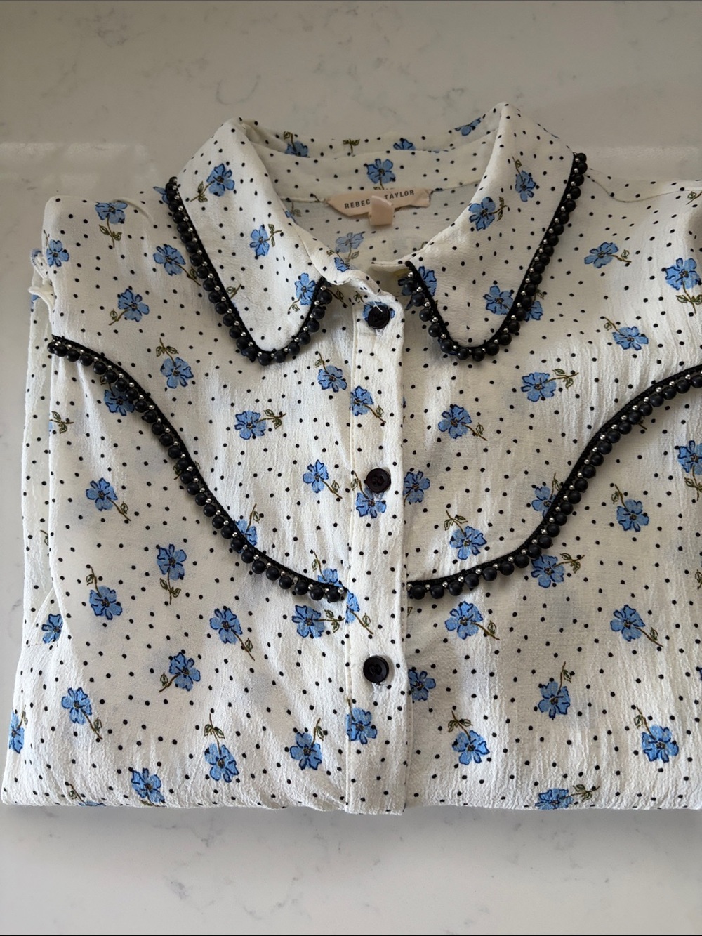 Rebecca Taylor Blouse with Blue Floral Print and Black Beaded Trim